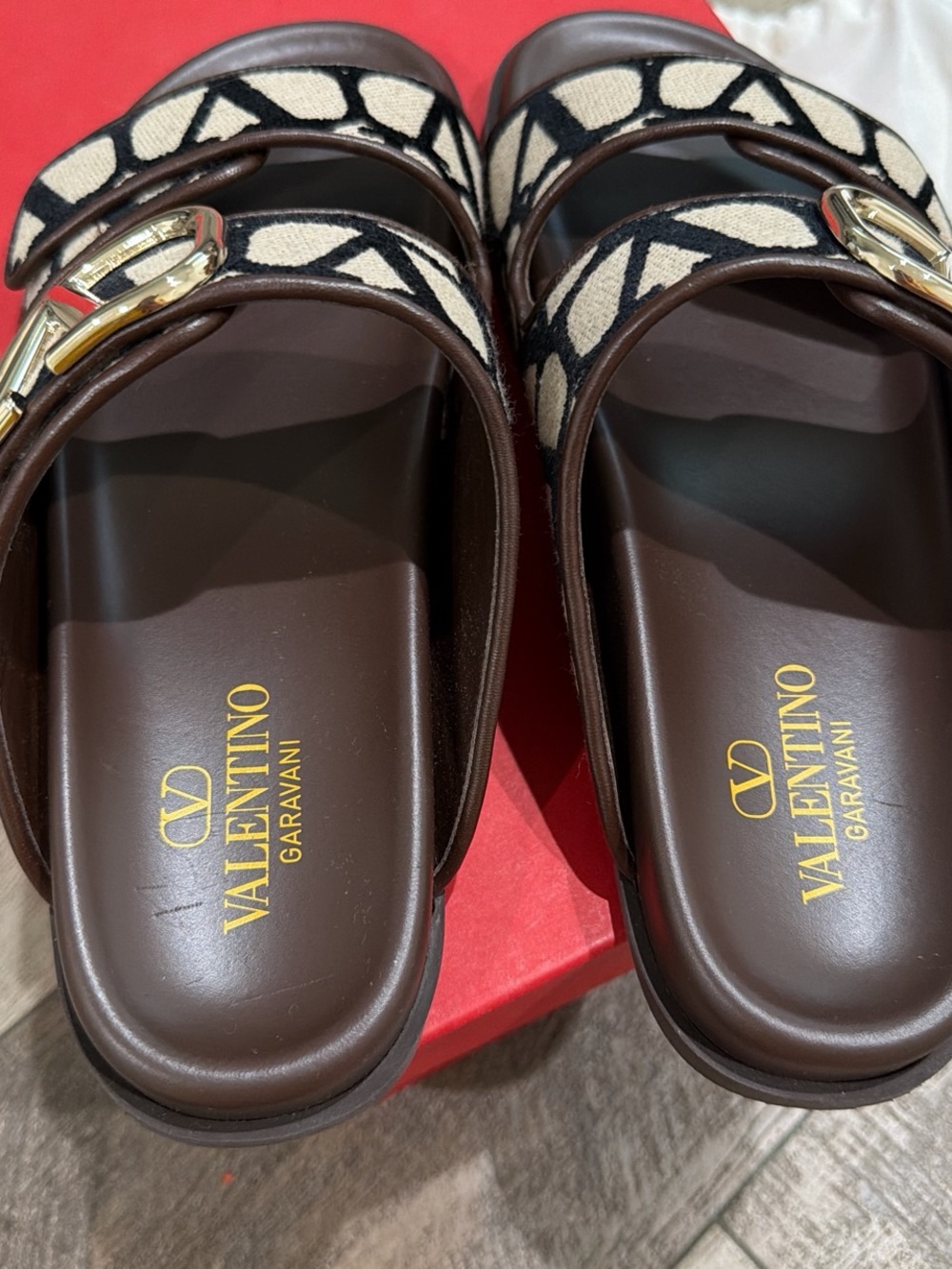 Valentino Garavani brown and beige double strap V logo sandal slides - Picture 7 of 9